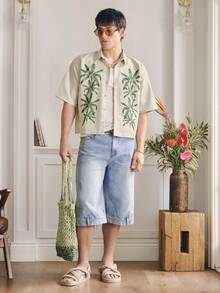 Manfinity Unisex Casual Men's Woven Fabric Half Sleeve Shirt With Tropical Plant Print And Button Front In Apricot Bowling Shirt For Men Cuban Shirt Mens Palm Tree Shirt - Apricot - View 5