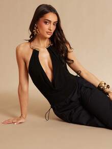 Silquee 女士纯色环饰吊带无袖连衣裙 - 黑色 - 查看 1