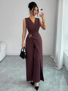Elenzga Bộ jumpsuit nữ thanh lịch, tối giản, không tay, màu trơn, xếp ly, thích hợp cho mùa xuân/hè. - Màu nâu Sô-cô-la - Xem 8