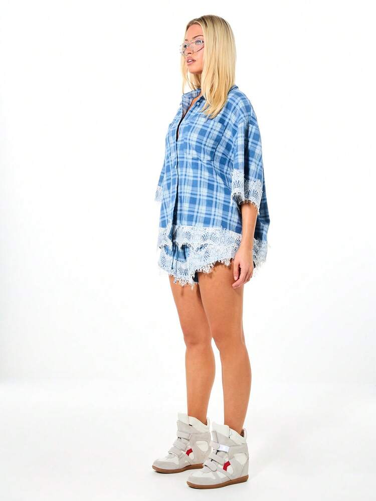 SUMWON WOMEN Oversized Plaid Shirt With Lace Trim