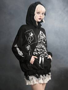 ROMWE SpringGothic Witch Weapon Print Patchwork Ruffle Trim Sweatshirt Sweatshirt For Women - Black - View 4