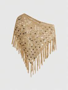 ROMWE Avant Vacation Style Brown Sequin Fringe Crochet Shawl Top - Brown - View 1