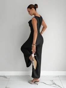 Siren Gaze 女士不对称领口垂褶腰身连体裤，性感优雅通勤连体裤，金属纽扣装饰连体裤，度假连体裤，时尚，通勤，优雅，性感，度假，海滩，夏威夷，垂褶领口 - 黑色 - 查看 2