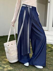 DAZY 女士褶裥直筒宽松休闲日常裤 - 藏蓝色 - 查看 6