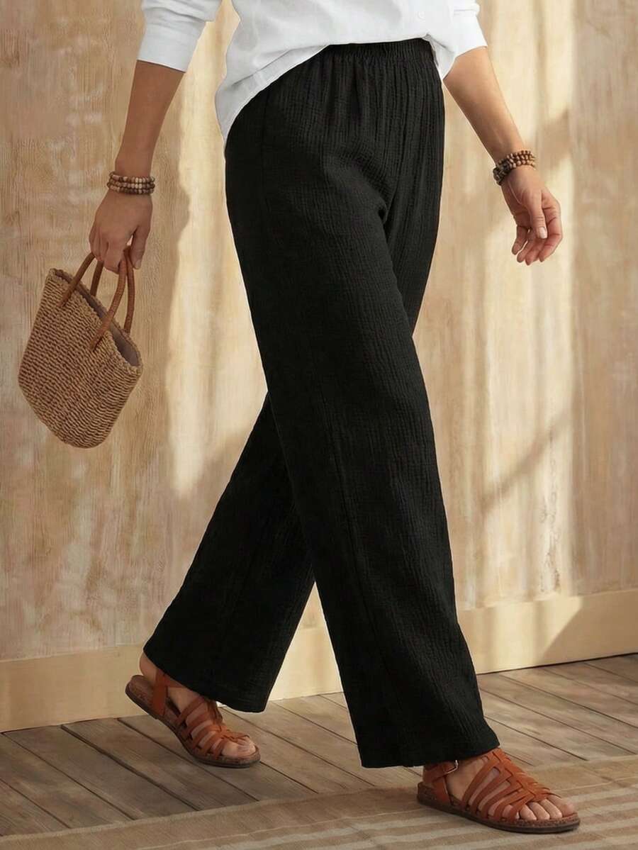 EMERY ROSE Solid Elastic Waist Straight Leg Pants - Black - View 1