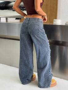 SHEIN PETITE Summer PETITE Women's Casual Summer Vacation Outfits For Women Pocket Distressed Wide Leg Loose Casual Frayed Hem Blue Washed Straight Leg Jeans - Dark Wash - View 5