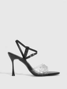 CUCCOO SZL 女士春夏尖头细高跟黑色透明水钻性感时尚华丽后踝带裙摆宴会派对夜店女士高跟凉鞋露趾凉鞋 - 黑色 - 查看 2