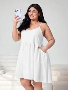 Solflare Plus Size Casual Solid Color Sleeveless Dress, Summer - White - View 4