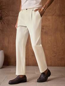 AKNOTIC Business Casual 男士复古商务休闲亚麻西装裤，采用低弹涤纶粘胶混纺面料，修身剪裁，适合夏季穿着。 - 杏色 - 查看 2