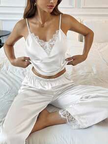 Aloruh Contrast Lace Cami Top & Pants PJ Set / Pajama Set White Set - White - View 1