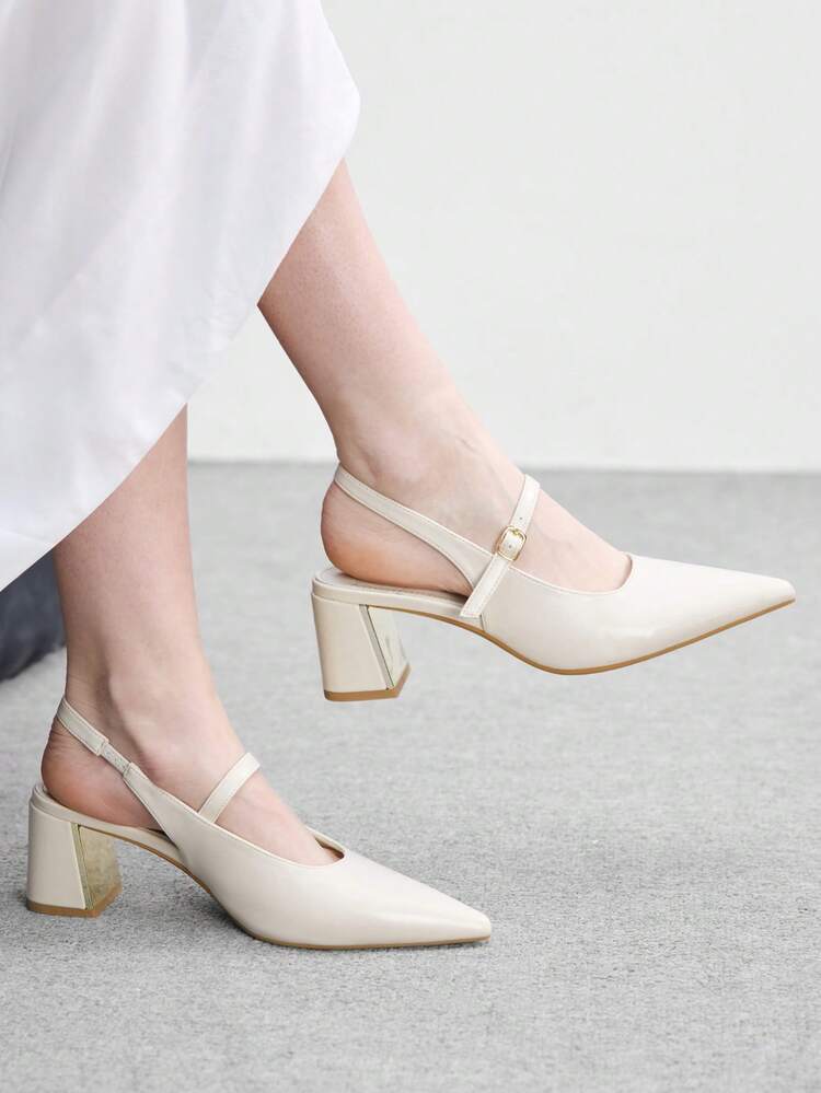 CUCCOO BIZCHIC Women Shoes Women's Pointed Thick Medium Heel Beige Slingback Women's High Heel Shoes Stylish And Comfortable Commuters Business Versatile Women's Slingback Shoes Spring Shoes