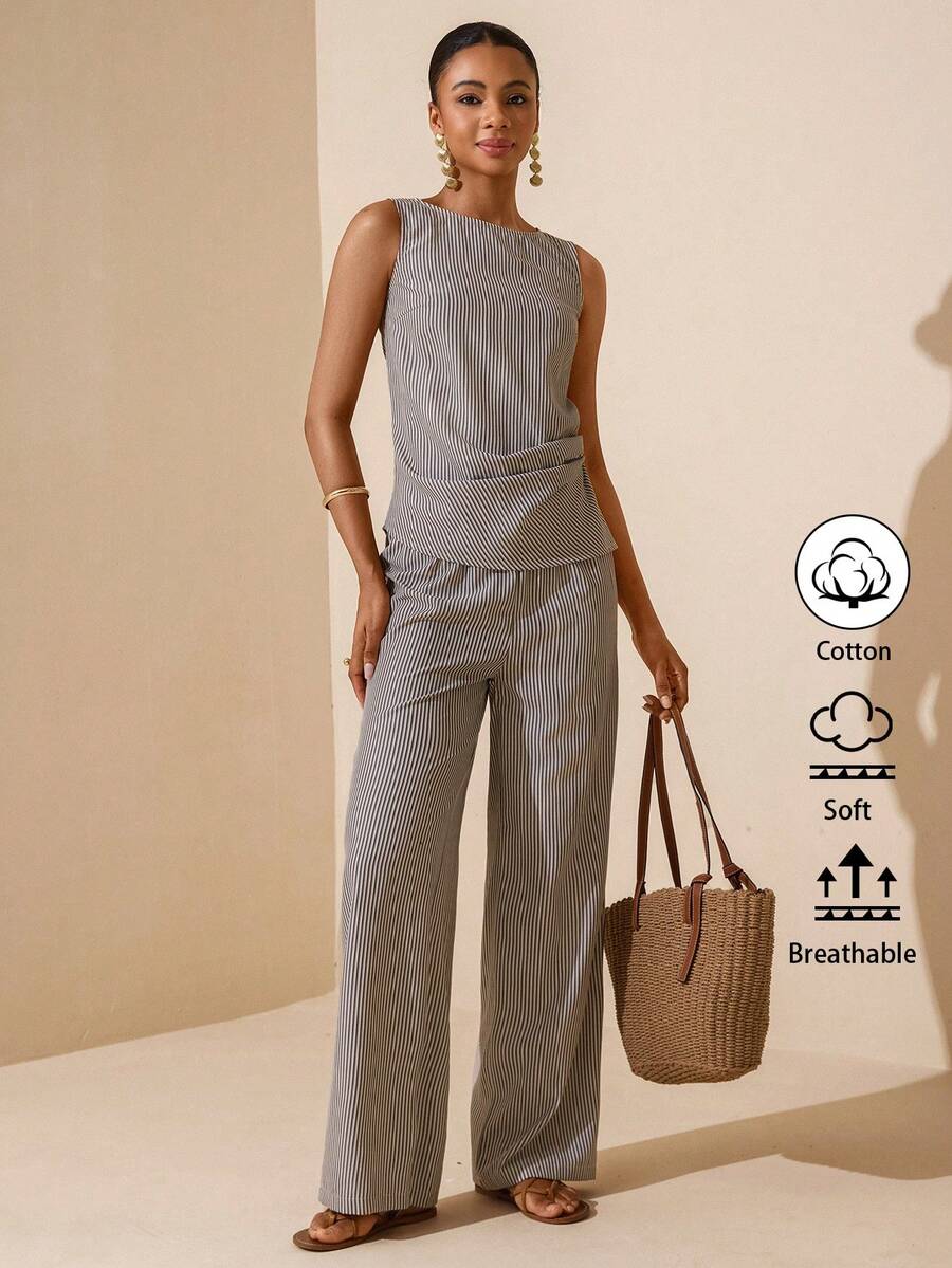 Vesra Bộ 2 món áo và quần cotton không tay dành cho nữ - Xám - Xem 1