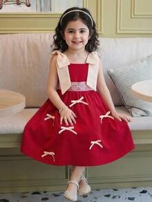 SHEIN Vestido de niña con contraste de color y lazo tejido - Blanco - Ver 8
