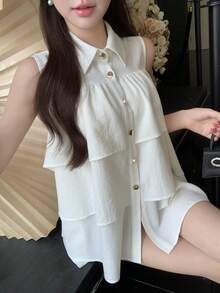 FRIFUL Blusa de verano para mujer de corte regular con cuello de solapa, botones metálicos decorativos, holgada delantera, volantes multicapa y patchwork de unicolor - Blanco - Ver 4