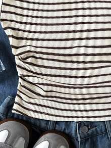 SHEIN Débardeur ajusté décontracté à col rond rayé avec épaule asymétrique pour fille préadolescente - Rose vif - Voir 3