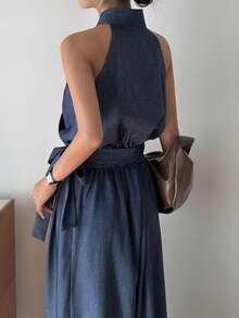 DAZY Women's V-Neck Sleeveless Side Tie Elegant City Casual Loose Jumpsuit - Blue - View 5