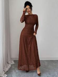 Elenzga 秋冬季女士交叉蕾丝荷叶边修身连衣裙，适合外出、约会、主题派对、庆祝活动等多种场合。 - 棕色 - 查看 3