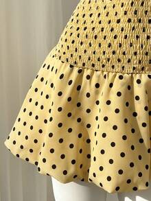 Elamini Đầm ngắn chấm bi đen trắng cổ yếm, lưng hở, xẻ eo, viền bèo nhún, kiểu dáng thanh lịch, lãng mạn, thường ngày, thích hợp cho kỳ nghỉ, tiệc bãi biển. - Màu vàng - Xem 4