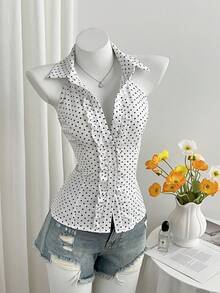 Elamini Women's Polka Dot Sleeveless Shirt Collar Frill Trim Cropped Blouse - Black and White - View 6