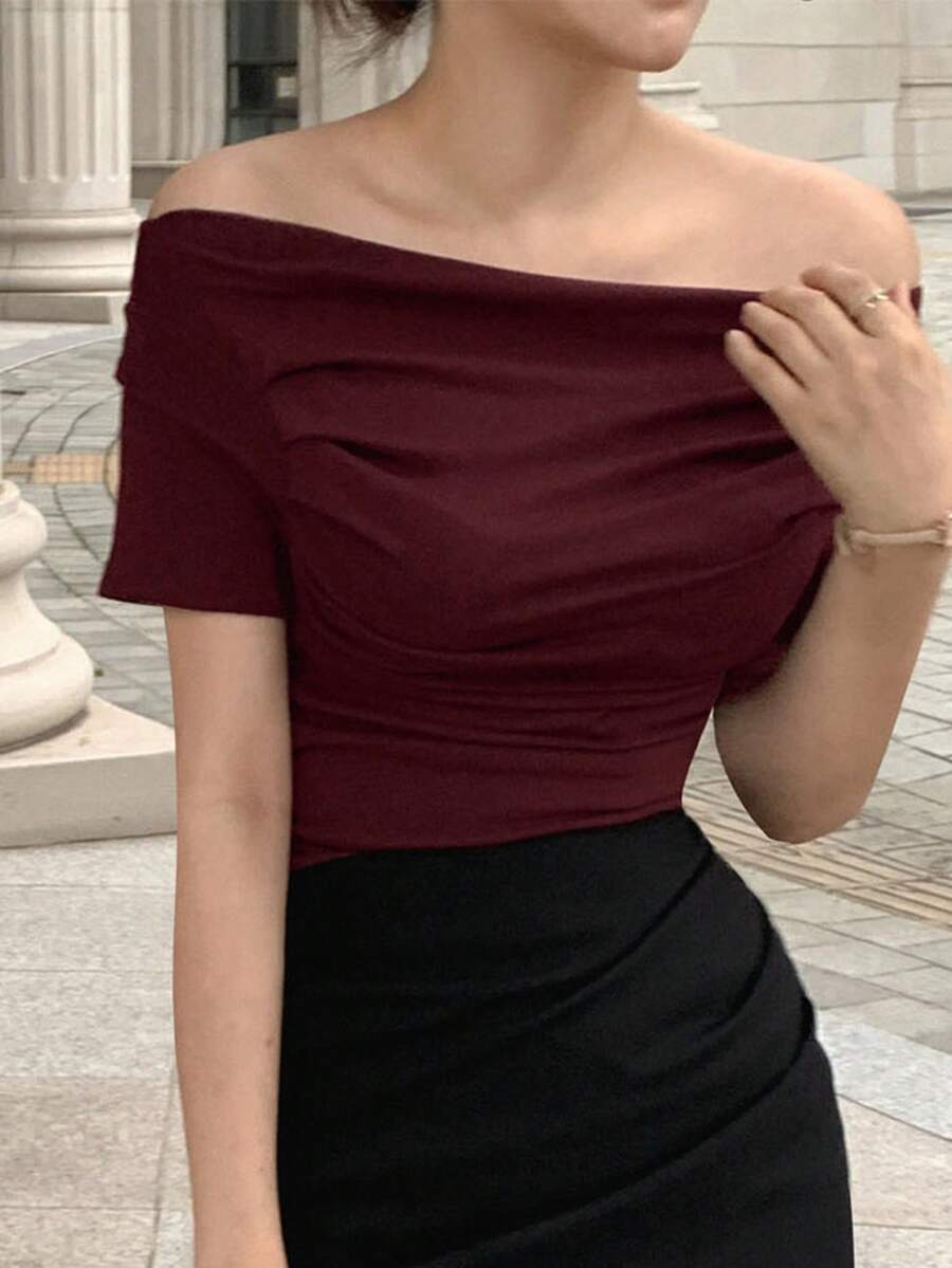 DAZY Women's Solid Color Off-Shoulder Pleated Fitted Short Sleeve T-Shirt, Spring/Summer - Burgundy - View 1