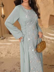 Al Najma Elegant Beaded Embroidery Round Neck Arabic Style Dress For Women - Green - View 4
