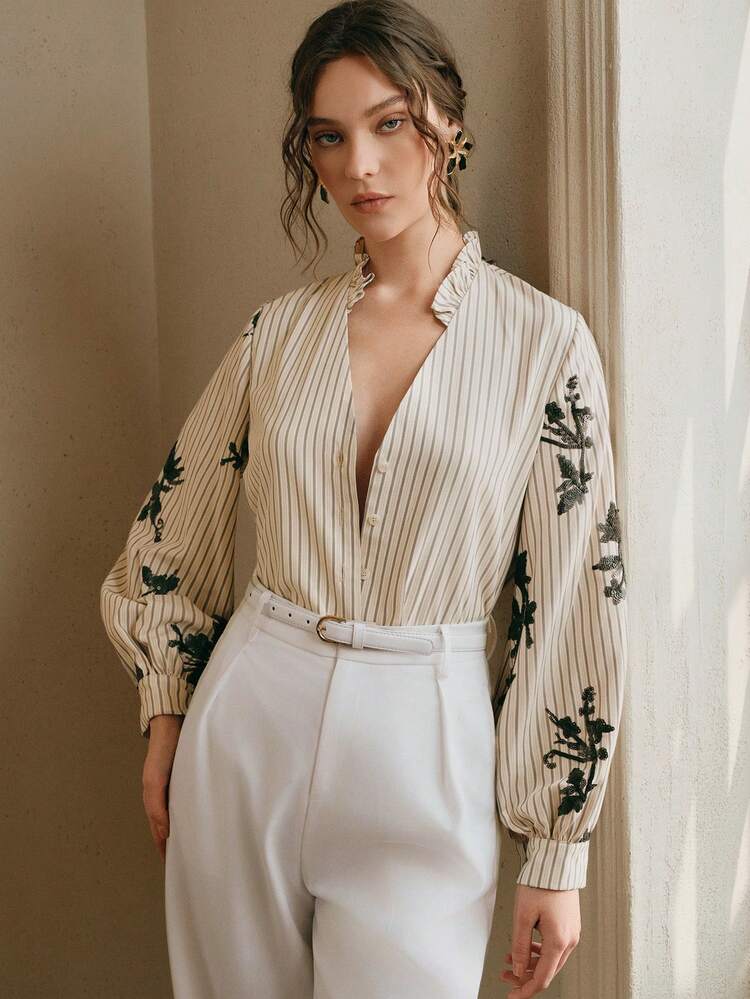 Modern Fashion Women's Frill Beaded Embroidered Striped Shirt, Elegant Lady's Blouse For Work And Daily Commute