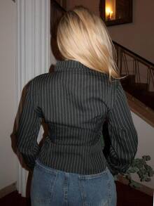 Turnttoni Blouse à manches longues avec col rayé, taille ajustée, boutons texturés de couleur contrastée, flatteuse pour les femmes - Noir - Voir 2