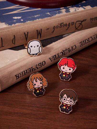 HARRY POTTER X SHEIN Cross-Border Hot-Selling Zinc Alloy Cartoon Pattern Printing Ring Set, Niche High-End Sense, Simple And Cute, Suitable For Various Parties, Concerts, Festivals