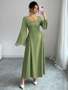 Yasmyna 女士编织紫色系带腰荷叶袖阿拉伯风格连衣裙 - 灰綠 - 查看 9