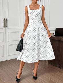 Editum Vestido de punto elástico con cuello cuadrado, sin mangas, con lunares blanco y negro, cintura ceñida, botones de perla, bajo en línea A, elegante para uso diario, ir al trabajo, primavera/verano - Blanco y Negro - Ver 4