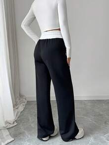 Elenzga Pantalones anchos casuales y cómodos para mujer, en bloque de color negro y blanco, con cordón en la cintura, pantalones de chándal sueltos y versátiles para ir al trabajo, ocio, vacaciones, que estilizan y alargan la figura con pantalones negros - Blanco y Negro - Ver 2