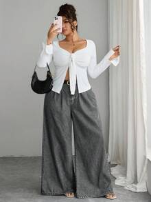EMERY ROSE Quần jeans ống rộng cạp cao dáng rộng, chất liệu wash, cỡ lớn, kiểu dáng thường ngày. - Màu Xám nhạt - Xem 3