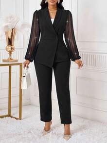 SHEIN Lady 女士纯色网纱拼接长袖西装外套和裤子优雅套装 - 黑色 - 查看 5