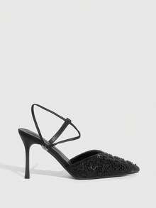 CUCCOO SZL 女士时尚优雅派对铆钉装饰尖头高跟鞋 - 黑色 - 查看 3