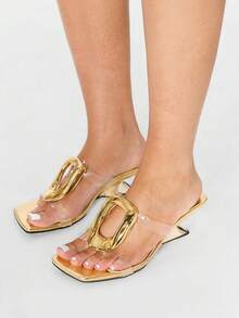 Glitzique 欧美风格方扣坡跟露趾凉鞋，时尚一脚蹬高跟穆勒鞋，适合夏季穿着 - 金色 - 查看 6