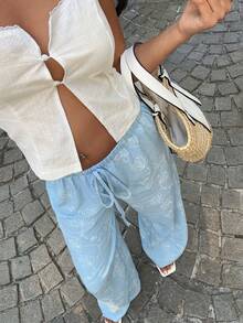 SHEIN SunnyBelle 女士碎花蓝色低腰裤，带口袋，时尚休闲沙滩装，适合夏季和春夏穿着 - 藍色 - 查看 7