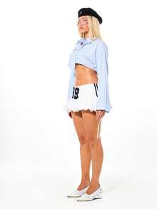 SUMWON WOMEN Varsity Number Print Drawstring Bubble Hem Mini Skirt With Ruffle Detail And Tie Waist Casual - White - View 3