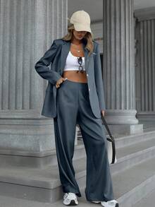 Aveloria Modichic Conjunto de 2 piezas con blazer de talle medio ajustado y pantalones acampanados para mujer - Azul - Ver 1