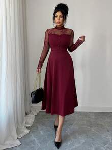 Modelyn Women's Elegant French Style Lace Patchwork Midi Dress, Suitable For Party And Gathering - Burgundy - View 5