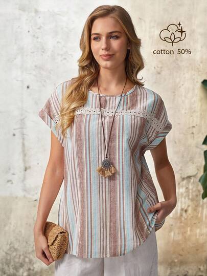 Parysyn Camisa informal de mujer de manga corta de gran tamaño tejida