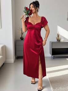 DreamSkyne Plus Size Women Elegant Summer Red Satin Midi Dress,Knit Short Sleeve Shiny Burgundy Slit Formal Gown For Prom Night,Curve Elegant Dress - Burgundy - View 4