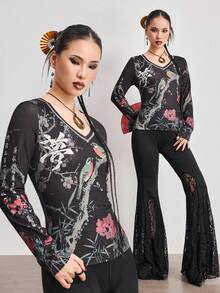 ROMWE Avant Camiseta ajustada con caracteres chinos y adornos de strass vintage Y2K - Negro - Ver 1