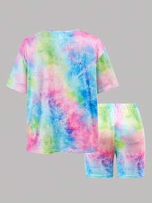 少女休闲日常街头风扎染宽松T恤和打底裤两件套 - 彩色 - 查看 2