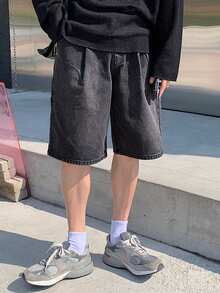 DAZY 男士黑色水洗做旧牛仔短裤，夏季 - 黑色 - 查看 1