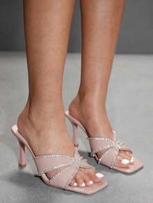 CUCCOO SZL 女士方头水钻链条套脚高跟凉鞋，性感时尚优雅派对礼服凉鞋，夜店露趾细高跟鞋 - 粉色 - 查看 1