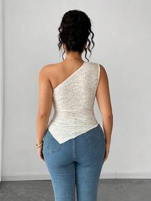 Elenzga Blusa de mujer talla grande de verano, nueva, de punto blanco con textura, fruncida y asimétrica de un solo hombro, de moda y sexy. Adecuada para: uso diario, vacaciones, fiestas, reuniones - Blanco - Ver 2