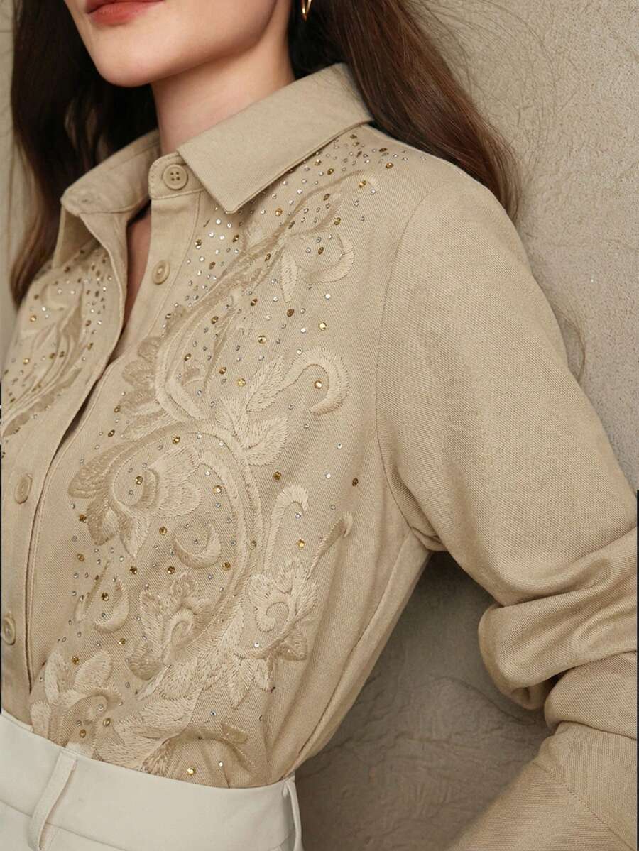 Anewsta Camisa de lino bordada en caqui con strass dorados para mujer, blusa elegante de manga larga para primavera/verano, vacaciones - Caqui - Ver 1