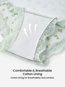 LUVLETTE 3-Pack Lace Trim Cotton Mid-Waist Basic Cheeky Women Underwear Panties Set- Floral Print Lace Trim-Green - Multicolor - View 5