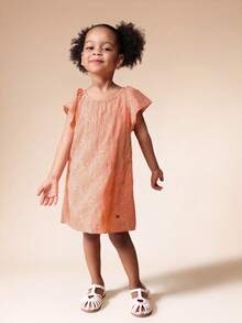 SUMWON Girls Coral Embroidered Floral Ruffle Sleeve Dress With Flutter Cap Sleeves Round Neckline Summer Spring Toddler For Casual And Vacation - Orange - View 7