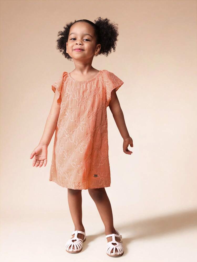 Coral Embroidered Floral Ruffle Sleeve Dress